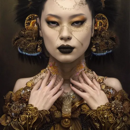 Prompt: highly detailed oil painting, very intricate, cinematic lighting, award - winning, portrait of the asian goddess of goth dressed by alexander mcqueen, by roberto ferri, by tom bagshaw, by j. c. leyendecker and klimt, american romanticism, by austin osman spare, artstation, cgsociety, official art, octane