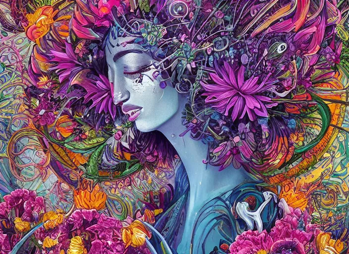 Prompt: a painting of a beautiful alien creature with a lot of flowers and plants on its head, poster art by android jones, behance contest winner, generative line art, made of flowers, grotesque, concert poster