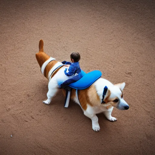 Image similar to 8k highly detailed photograph of a tiny person riding on the back of an adorable corgi, like a horse. blue saddle