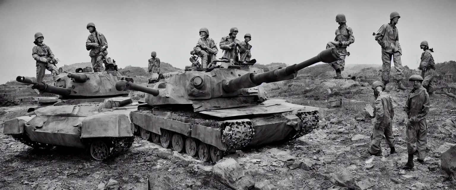 Image similar to detailed sharp photograph in the style of popular science circa 1 9 5 5 and gregory crewdson of soldiers on a tank in korean war