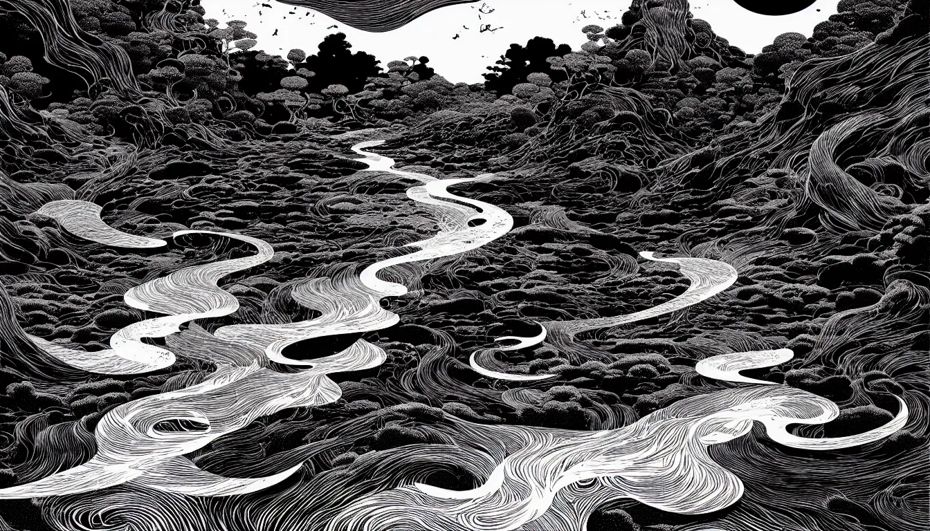 Image similar to flowing river by nicolas delort, moebius, victo ngai, josan gonzalez, kilian eng