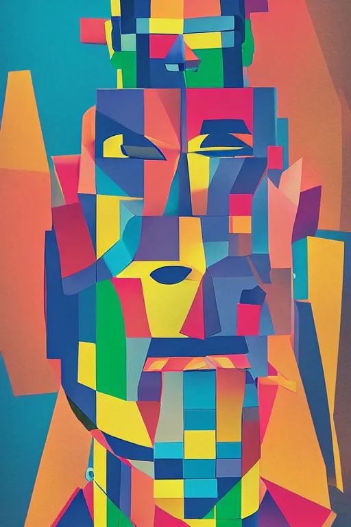 Image similar to cubist moai statue cutout digital illustration cartoon colorful beeple