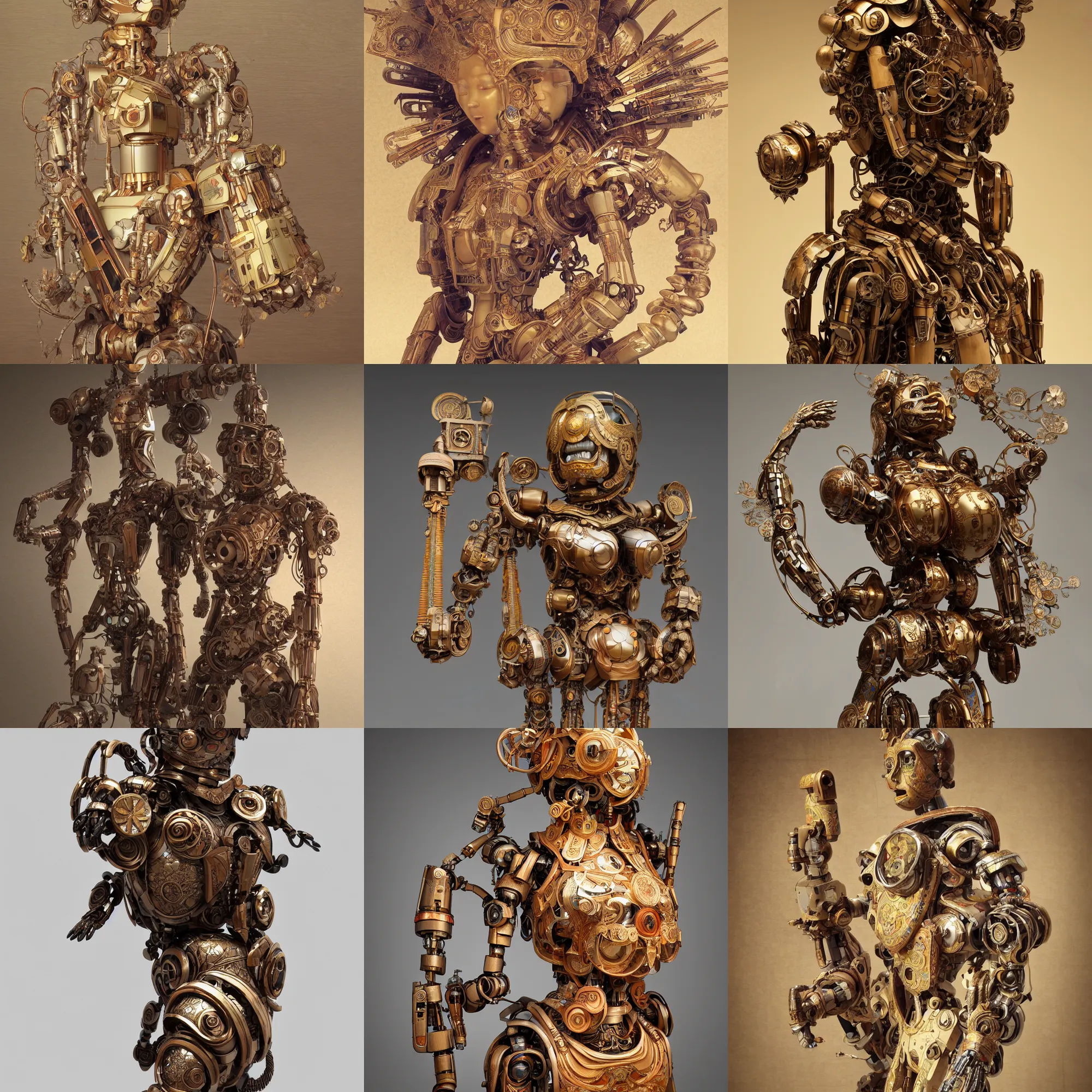 Prompt: octane render ultra photorealistic hyper detailed, intricate a very very sculpture cute wooden and ceramic mystical statue robot of the roman organiquecyberpunk a contemporary art gallery in neo tokyo artwork alphonse mucha and wlop and chamberlain john