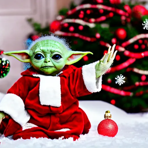 Image similar to , baby yoda wears a christmas outfit in front of a christmas tree. there is snow everywhere. realism, 8 k, 4 k, mandalorian ( tv ).