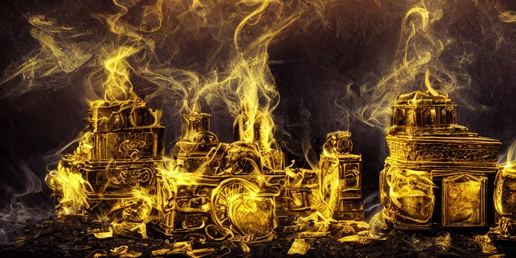 Image similar to Photo of dark temple, golden treasure, high detail, smoke, sharp, fog