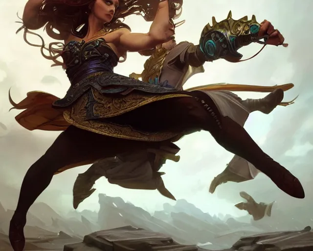 Image similar to spinning heel kick, deep focus, d & d, fantasy, intricate, elegant, highly detailed, digital painting, artstation, concept art, matte, sharp focus, illustration, hearthstone, art by artgerm and greg rutkowski and alphonse mucha