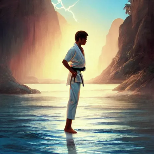 Image similar to karate kid, movie poster, miyagi, intricate, detailed, volumetric lighting, scenery, digital painting, highly detailed, artstation, sharp focus, illustration, artstation, art by artgerm and greg rutkowski and alphonse mucha