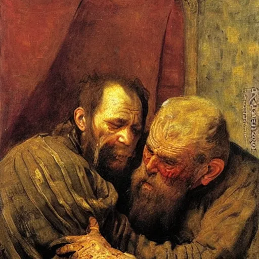 Prompt: ivan the terrible cradling his dying adult son ivan, anguish and remorse on the face of the elder ivan, painting by ilya repin, extremely detailed, oil on canvas