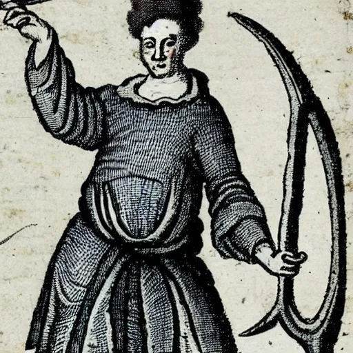 Prompt: a 1 8 th century illustration of a medieval peasant holding a large blue trident above his head.