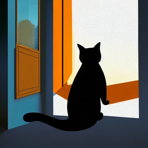 Prompt: illustration of a cat with a black spot on her trunk in an old house with a window next to the blue sky , trending on artstation, trending on deviantart, backlight, orange light, blue shadows, pink reflections