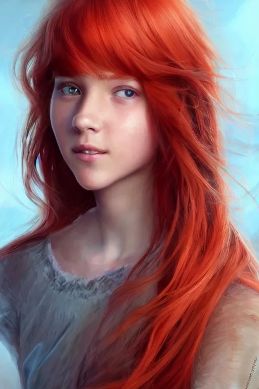 Image similar to ultra realistic style illustration of a beautiful cute red haired joyful teen girl, full body portrait, long hair, sci - fi, fantasy, intricate, elegant, digital painting, artstation, concept art, smooth, sharp focus, 8 k frostbite 3 engine, ultra detailed, art by artgerm and greg rutkowski and magali villeneuve