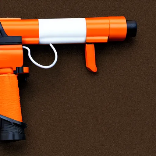 Image similar to highly detailed hand held rail gun, orange, white, black