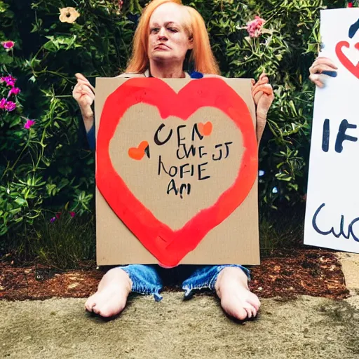 Prompt: cute orange tabby cat holds sign that says