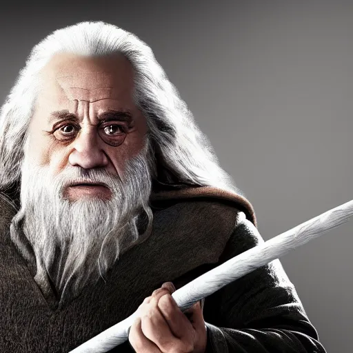 Image similar to danny devito starring as gandalf the white in the 2 0 2 4 lord of the rings movie, full body, hyper realistic, high quality, wide angle