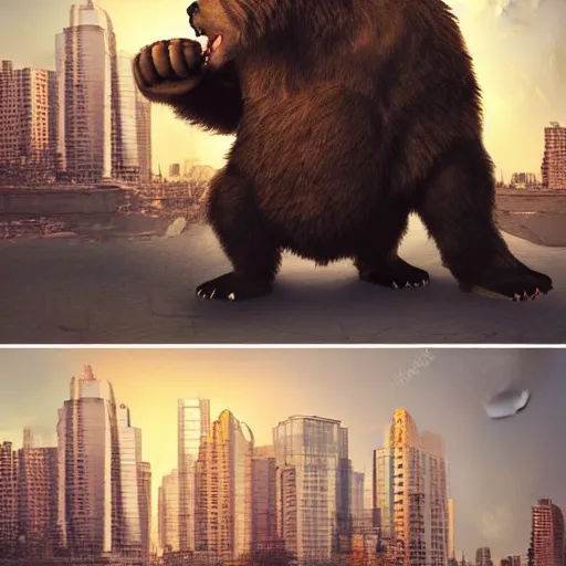 Prompt: a giant angry bear with arms raised attacking the city, photomanipulation, photoshop, digital art