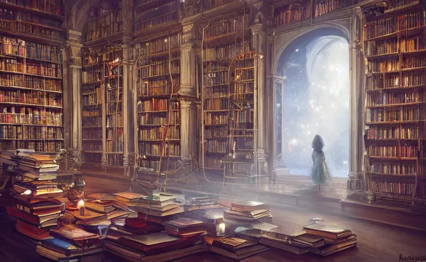 Prompt: magical library with floating books, glowing, mist in the air. By Konstantin Razumov, highly detailded