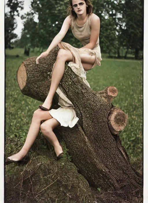 Prompt: half portrait of emma watson sitting on a tree stump in a field, by slim aarons