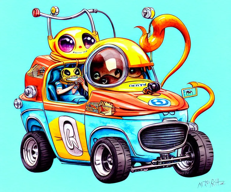 Image similar to cute and funny, margay wearing a helmet driving a tiny hot rod with an oversized engine, ratfink style by ed roth, centered award winning watercolor pen illustration, isometric illustration by chihiro iwasaki, edited by craola, tiny details by artgerm and watercolor girl, symmetrically isometrically centered