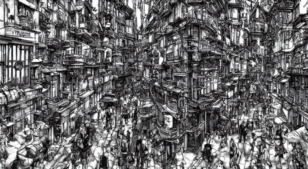 Prompt: steampunk city streets by junji ito, trending on artstation