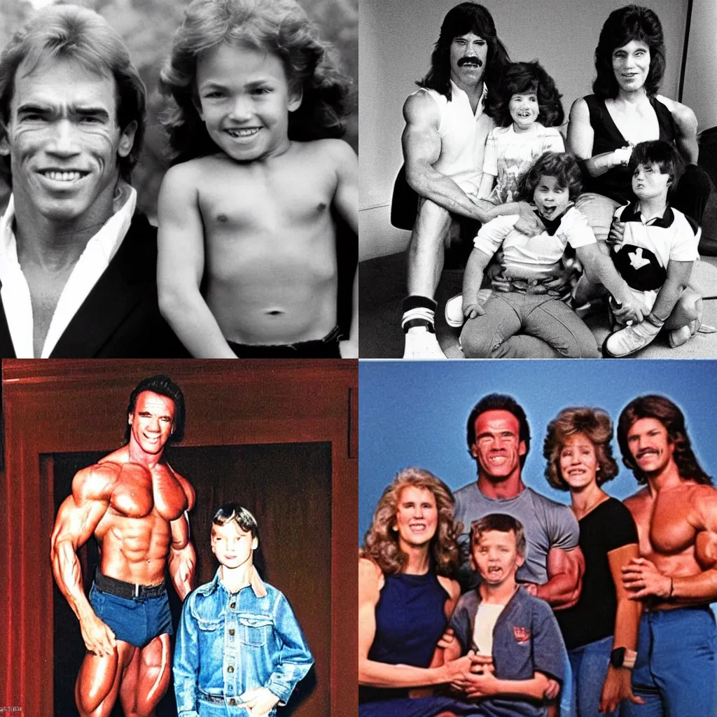 Prompt: 1980s family photo of arnold schwarzenegger impersonators