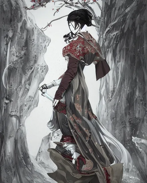 Image similar to lady snowblood movie character, baroque style, elegant, beautiful, mesmerizing, concept art, highly detailed, artstation, behance, deviantart, inspired by innocent manga, inspired by castlevania concept art, trending, ayami kojima, shinichi sakamoto