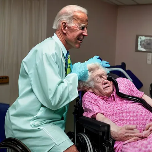 Image similar to a professional atmospheric film like 35mm photograph of Joe Biden wearing a garish hospital gown is drooling with late stage Dementia in a wheelchair at a disgusting run-down senior citizen rest home, there is full bedpan next to him