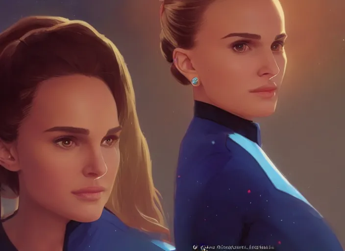 Image similar to a disney film still of natalie portman as a star trek officer, finely detailed features, closeup of the face, perfect art, dusk, blue hour, gapmoe yandere grimdark, trending on pixiv fanbox, painted by greg rutkowski, makoto shinkai, takashi takeuchi, alphonse mucha, akihiko yoshida