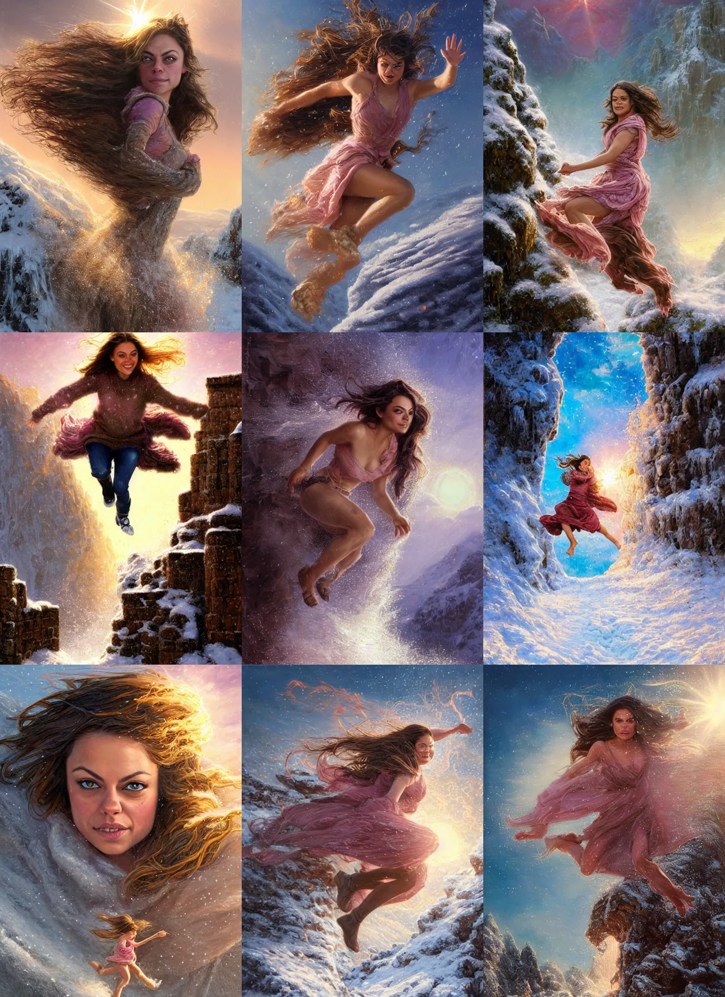 Prompt: epic face portrait of warmly clothed Mila Kunis jumping into deep snow, ancient ruins, prism sun rays through wind swept snow, pink golden hour, intricate, highly detailed, epic vista, very crispy, Ralph Horsley, Daniel F. Gerhartz, Artgerm, Boris Villajo, Lilia Alvarado