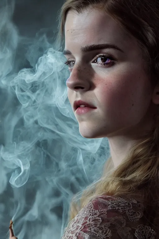 Prompt: 3 5 mm colour, mix of of emma watson and anya taylor - joy, evil princess, hyperrealism, octane render, extremely detailed, intricate smoke magic, lace, silk, style of david cronenberg, earl nore, hyung tae, frank frazetta