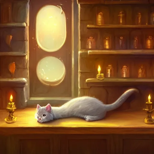 Image similar to beautiful fantasy illustration of an adorable kitten sleeping on the counter of a potion shop. candles, books. by andreas rocha and marc simonetti, trending on artstation 8k hq