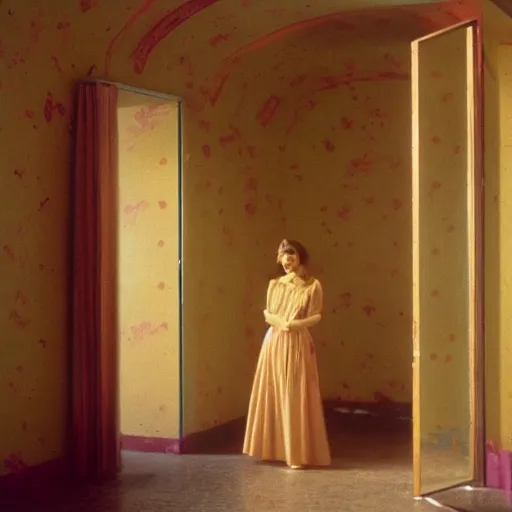 Image similar to a beautiful shiny girl in an soviet golden liminal abandoned room, film still by wes anderson, depicted by balthus, limited color palette, very intricate, art nouveau, highly detailed, lights by hopper, soft pastel colors