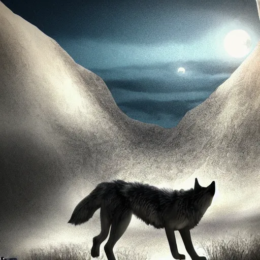 Prompt: a wolf a howling on a cliff, full moon made of cheese is in the background, photorealistic, concept art, volumetric lighting, raytracing