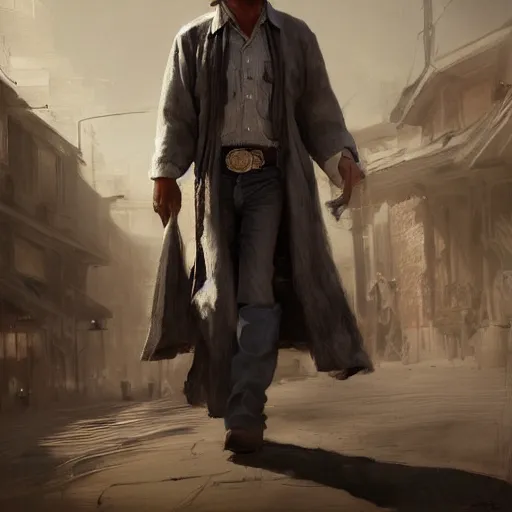 Prompt: a man with a long duster,grey hair and a cowboy hat walking in a western town, drawn by Ruan Jia, portrait, fantasy art, dramatic lighting, digital art, 8k, highly detailed