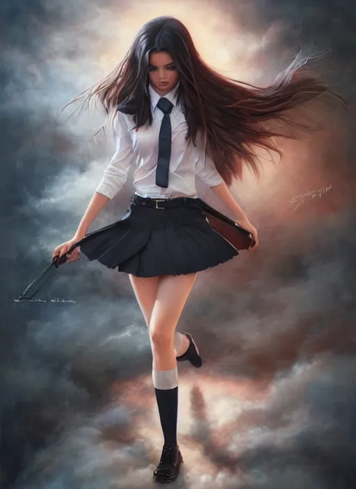 Image similar to a beautiful woman with school uniform, seifuku, pleated miniskirt, overknee socks, adriana lima, painted by artgerm and tom bagshaw, fantasy art, dramatic lighting, highly detailed oil painting, volumetric lighting