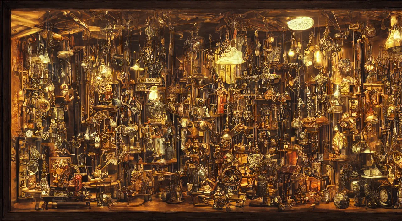 Image similar to steampunk shop window by guido borelli da caluso, darkness, neon lights, photo realistic, completely filled with interesting oddities, things hanging from ceiling, light bulbs, cinematic