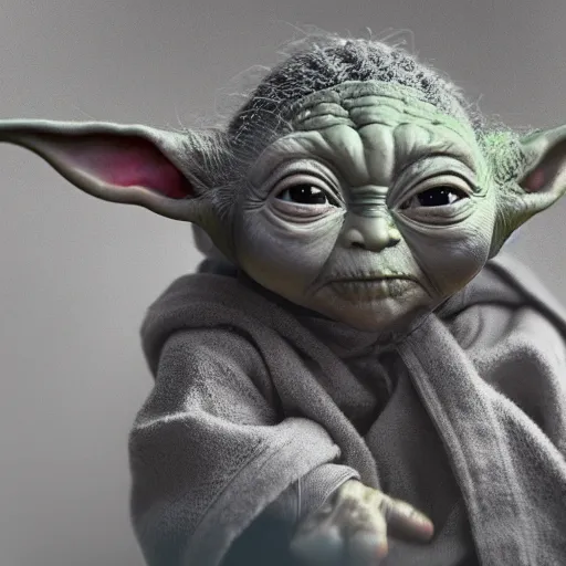 Image similar to full body pose, hyperrealistic photograph of female baby yoda, dim volumetric lighting, 8 k, octane beautifully detailed render, extremely hyper detailed, intricate, epic composition, cinematic lighting, masterpiece, trending on artstation, very very detailed, stunning, hdr, smooth, sharp focus, high resolution, award, winning photo, dslr, 5 0 mm