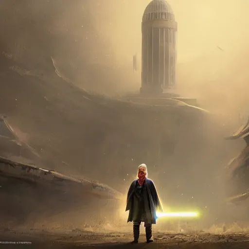 Prompt: Donald Trump as a jedi hero, capitol hill, post-apocalyptic, cinematic, atmospheric, highly detailed, artstation, wlop, stålenhag, Emanuel Leutze, Carl Wahlbom