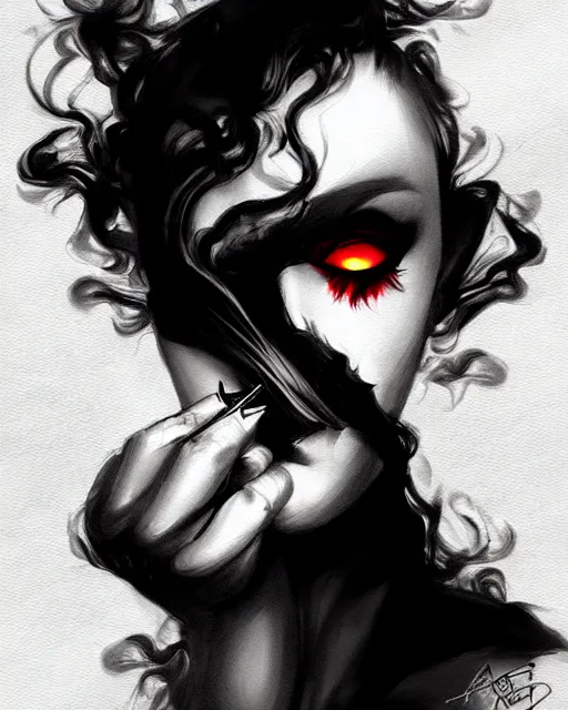 Image similar to black crimson ink smoke portrait of a fork, artgerm, wlop, artstation