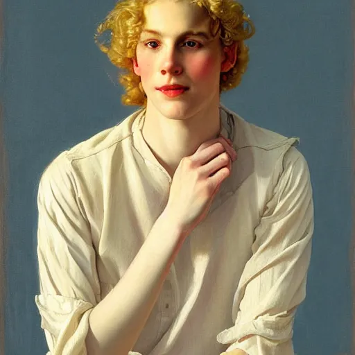 Image similar to beautiful portrait painting of the androgynous pale blond prince Lucius with long curly blond hair, delicate young man wearing a soft white poet shirt smiling sleepily at the viewer, curtain bangs Center parted fringe over his eyebrows, in love by J.C Leyendecker and Norman Rockwell