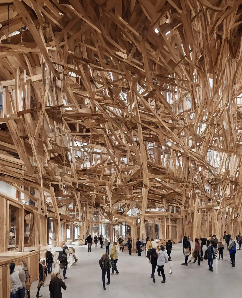 Prompt: a complex building interior, large wood joinery, people walking