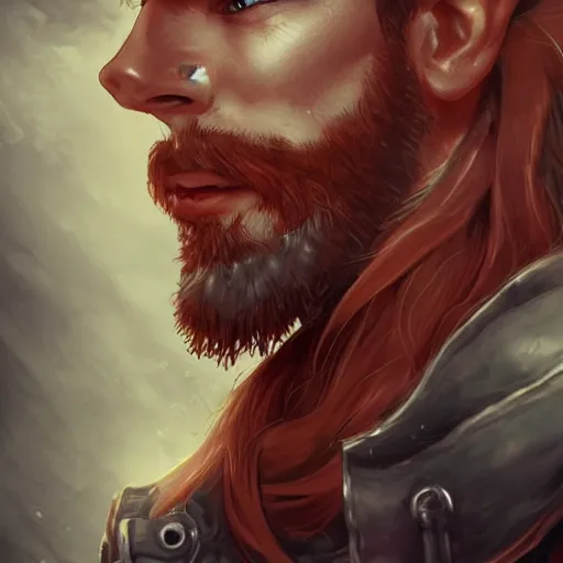 Prompt: rugged ship captain, male, handsome, flowing red hair, fantasy, detailed face, ruggedly handsome, intricate, elegant, highly detailed, piercing eyes, steampunk, digital painting, artstation, concept art, character art, smooth, sharp focus, illustration, art by artgerm