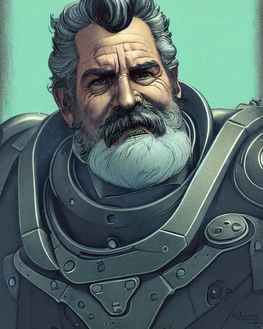 Prompt: reinhardt from overwatch, gray hair and beard, character portrait, portrait, close up, concept art, intricate details, highly detailed, vintage sci - fi poster, vintage sci - fi art, retro future, in the style of chris foss, rodger dean, moebius, michael whelan, and gustave dore