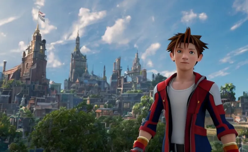 Image similar to Tom Holland as Sora in 'Kingdom Hearts: Fate of Light' (2017), movie still frame, oscar nominated cinematography, volumetric lighting, 8k resolution