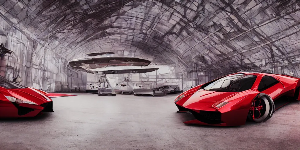 Prompt: kama russian electrocar, inside futuristic hangar, red car, sharp focus, ultra realistic, ultra high pixel detail, cinematic, intricate, cinematic light, concept art, illustration, art station, unreal engine 8 k