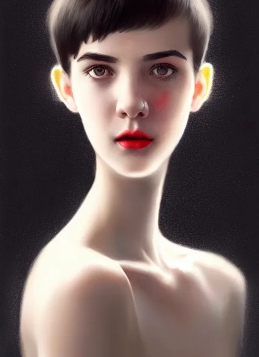 Image similar to portrait of white teenage girl, narrow face, short black hair and eyebrows, bangs, half updo hairstyle, buck teeth, unattractive, defined jawline, long chin, smile, hair bow, intricate, elegant, glowing lights, highly detailed, digital painting, artstation, sharp focus, illustration, art by wlop, mars ravelo and greg rutkowski