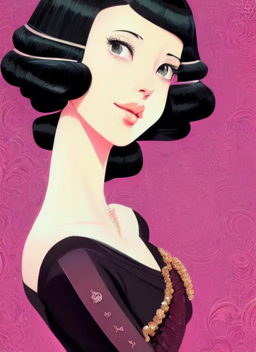 Image similar to a beautiful girl with black hair in 1930's fashion, ballroom background, intricate, highly detailed, digital painting, artstation, official media, anime key visual, concept art, rich vivid colors, ambient lighting, sharp focus, illustration, art by Artgerm, Makoto Shinkai, Ilya Kuvshinov, Lois Van Baarle, and Rossdraws