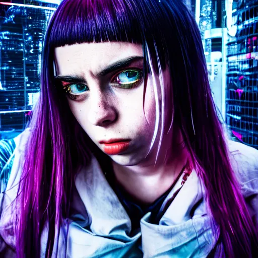 Image similar to Cyberpunk Billie Eilish, (Sony a7R IV, symmetric balance, polarizing filter, Photolab, Lightroom, 4K, Dolby Vision, Photography Award)