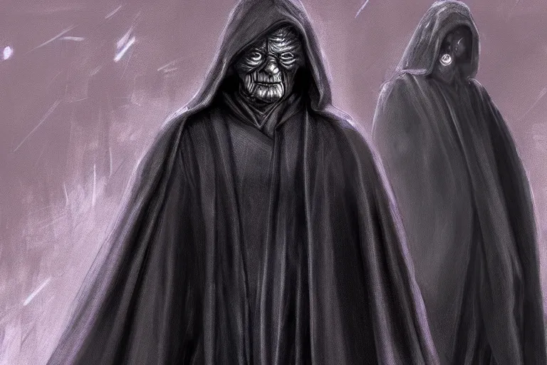 Image similar to emperor palpatine in robes, high detail, digital painting, clear focus, concept art,