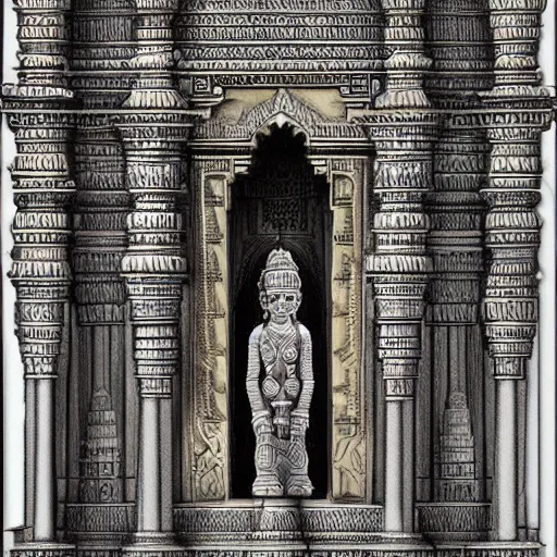 Image similar to hindu influenced architecural painting of a hidden city with a huge statue in the middle, artstation