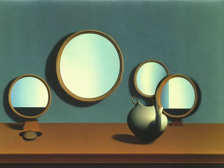 Image similar to mirrors, painting by rene magritte, high detail, high resolution